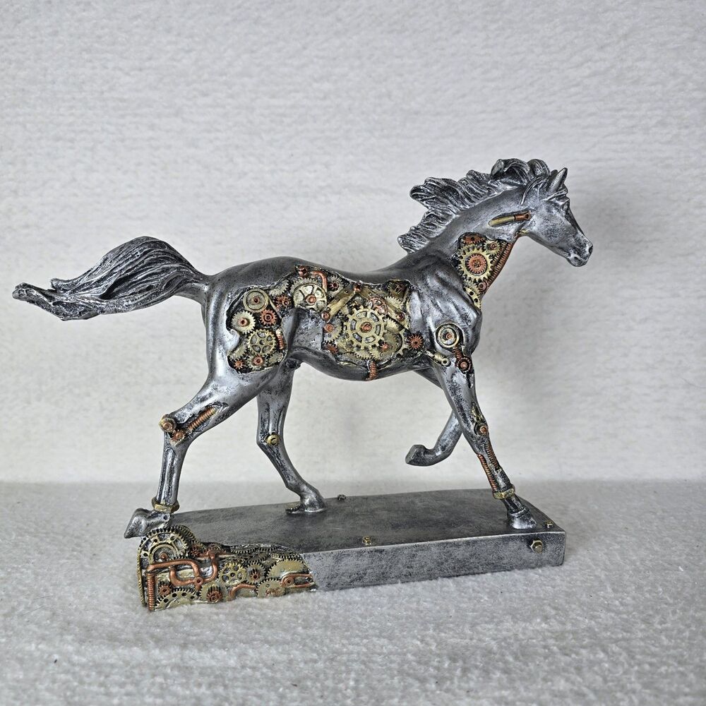 Steam Stallion Metallic Silver Running Steampunk Horse Statue